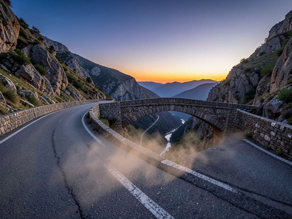 winding mountain road dusk where narrow stone bridge