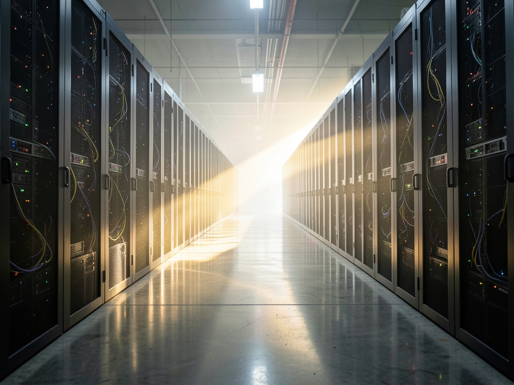 vast sunlit data center corridor with polished concrete
