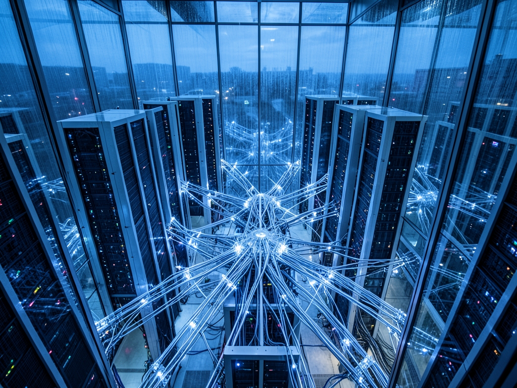 vast glass walled data dusk where geometric server towers