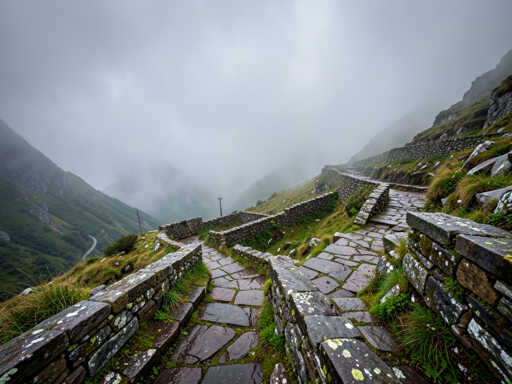 misty mountain pass carved with intersecting stone pathways