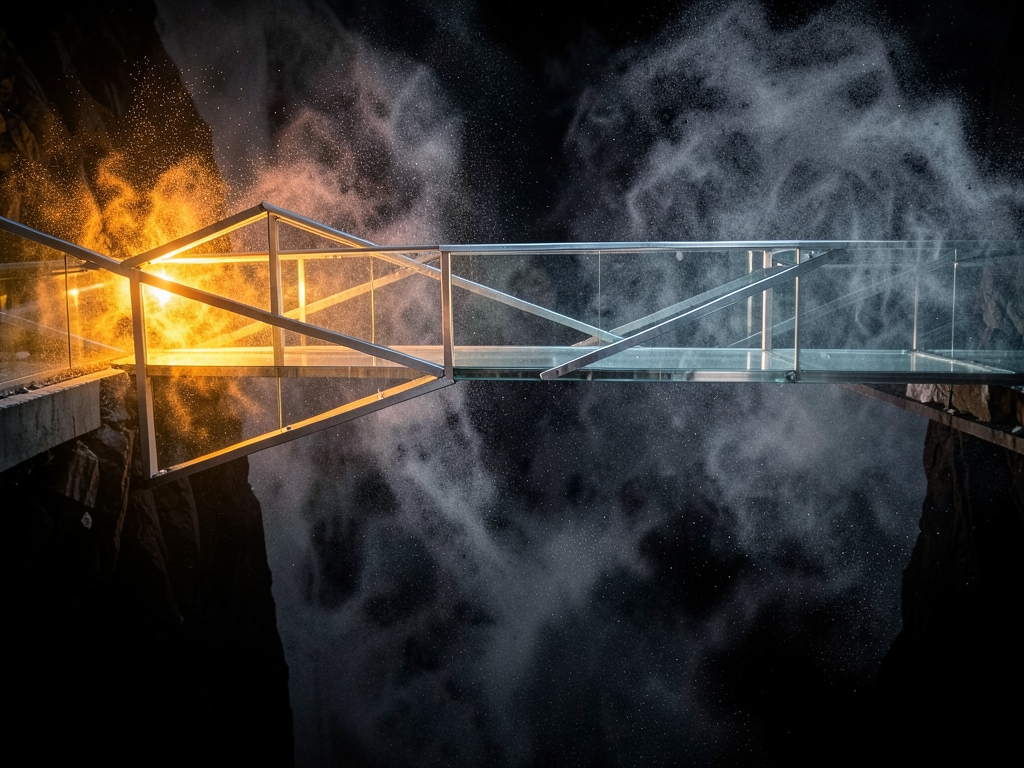 minimalist architectural bridge spanning deep chasm swirling gray