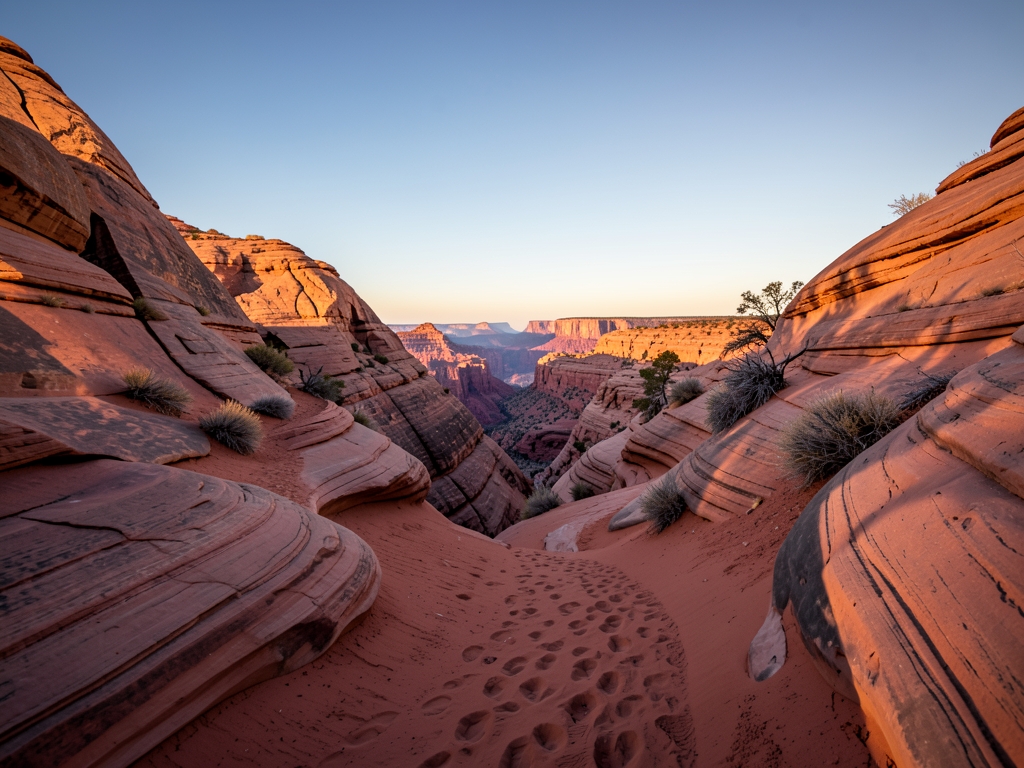 Winding sandstone canyon trail golden hour under clear