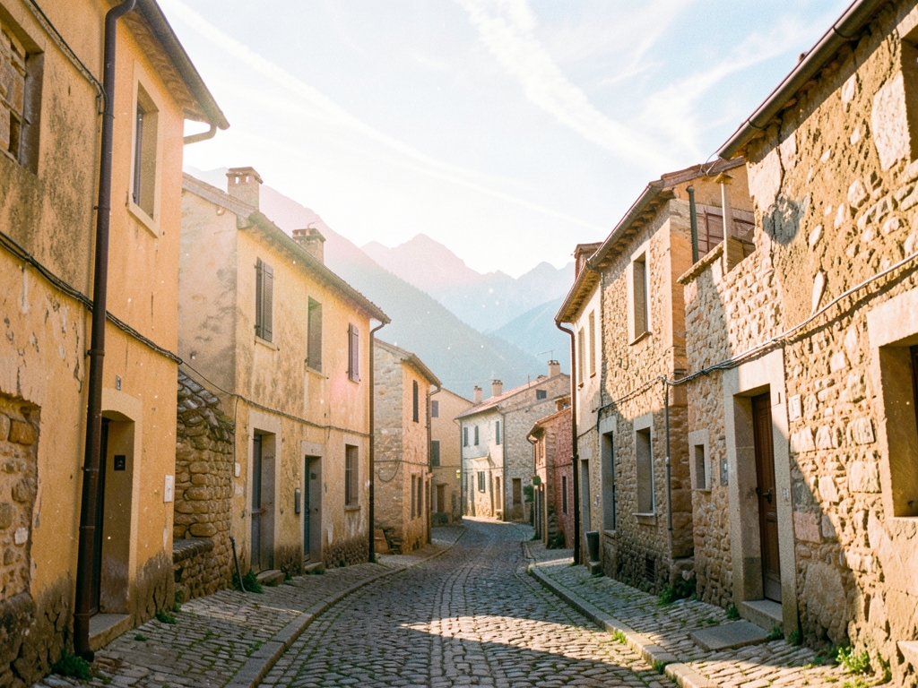 quiet mountain village golden hour faded ochre stone