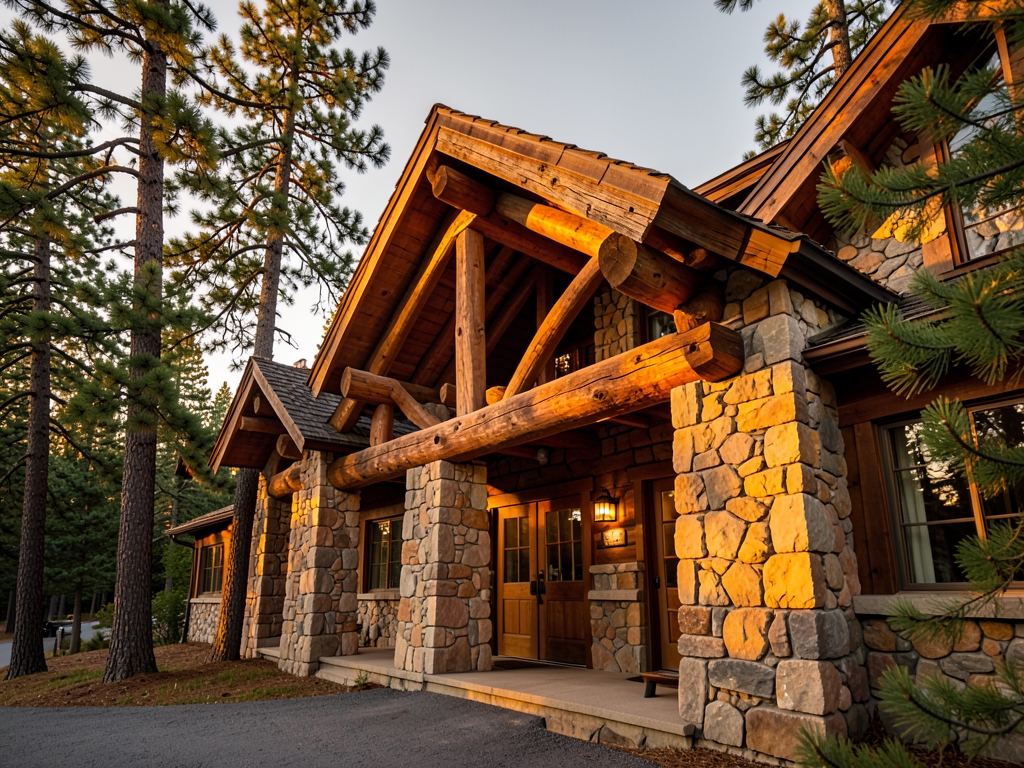 Craftsman style lodge hotel with massive timber beams stonework