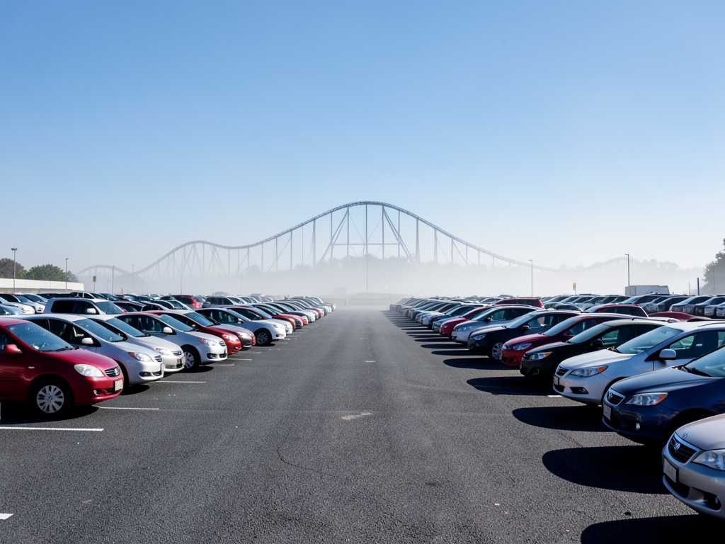 Expansive asphalt parking with rows cars under harsh
