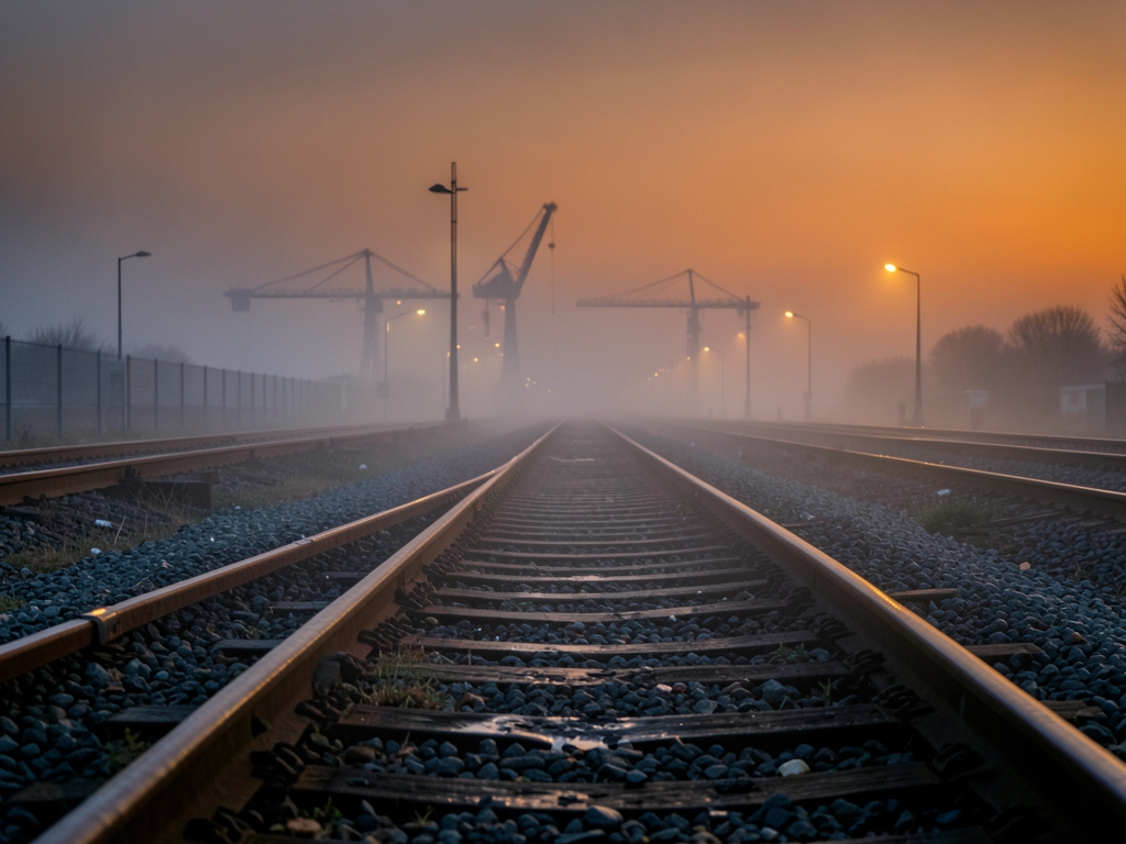 fog covered rail yard twilight rusted metal tracks disappearing