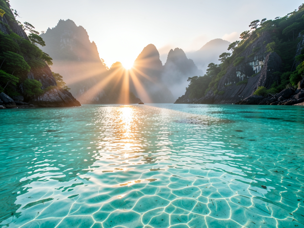 turquoise lagoon dawn with sunbeams piercing through crystal clear