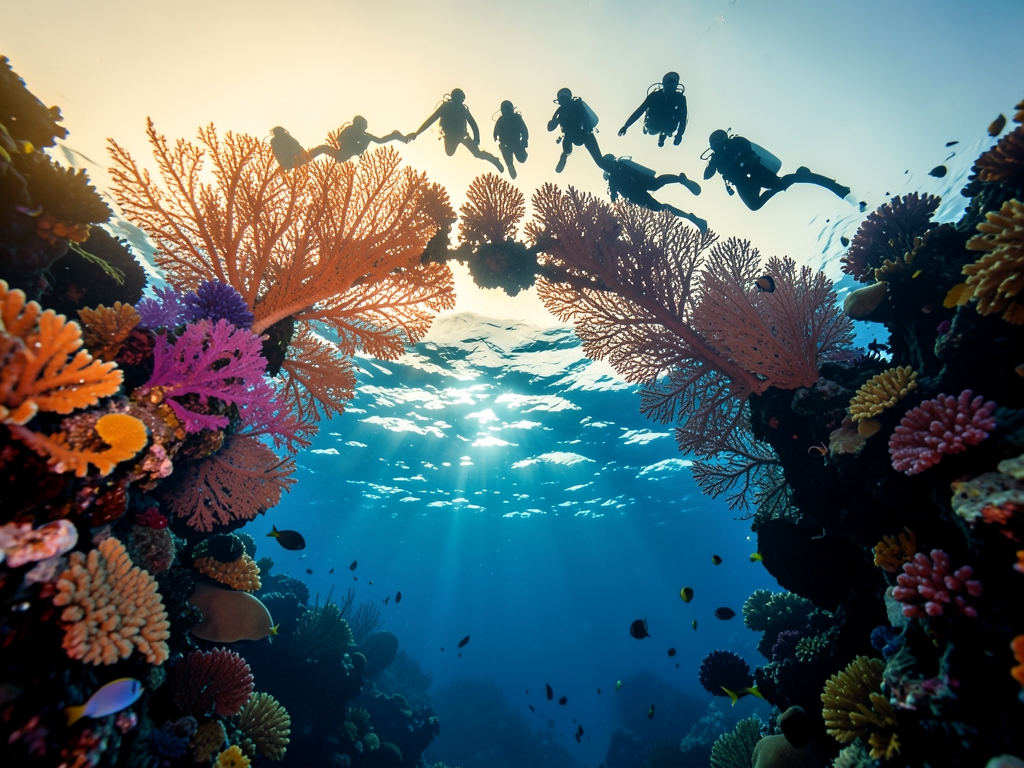 submerged coral archway deep blue ocean light silhouettes