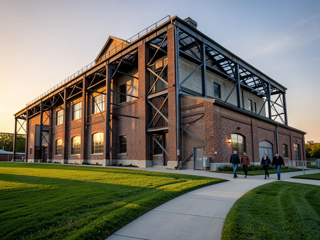 Evening light over sturdy American manufacturing plant with