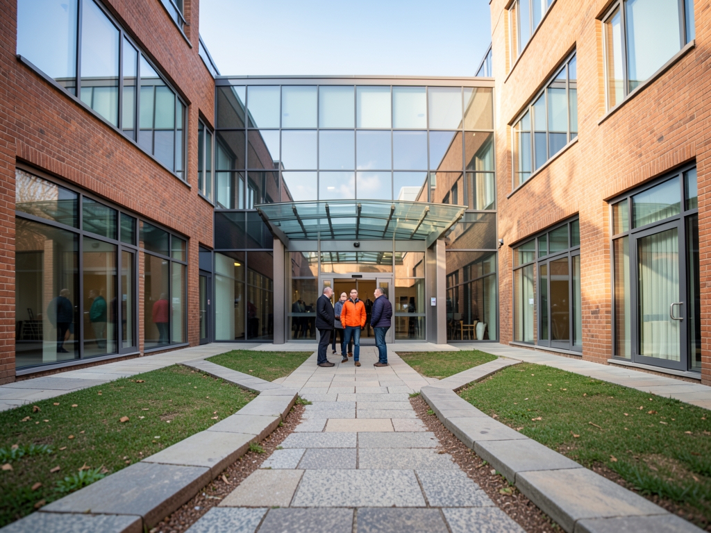 Wide courtyard modern brick glass office building soft