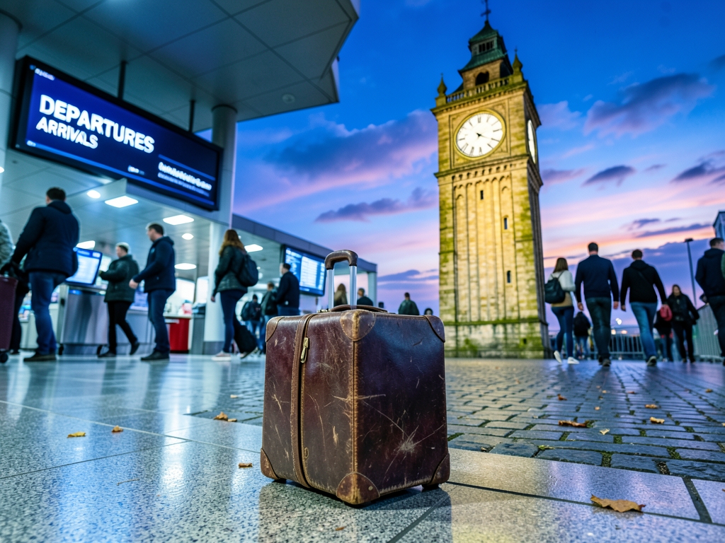 Concrete relevant scene airport suitcase clocktower twilight