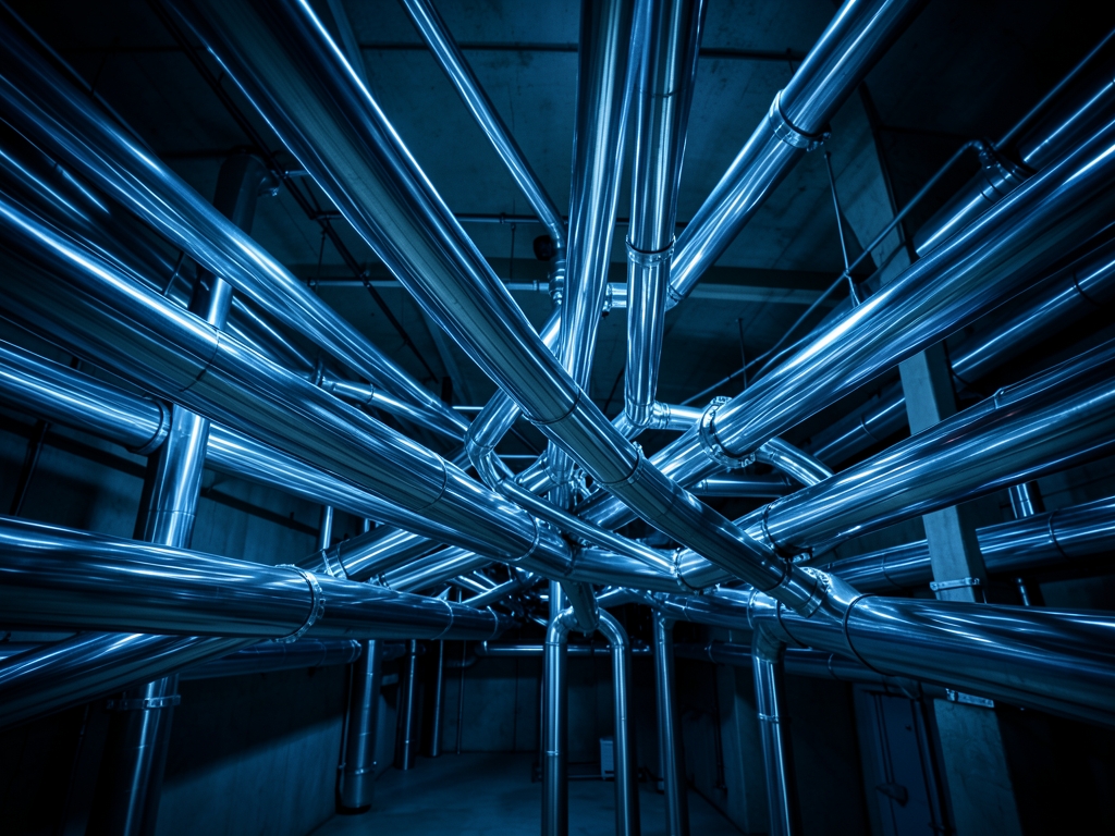 Sleek metallic routing tubes converge diverge through dimly