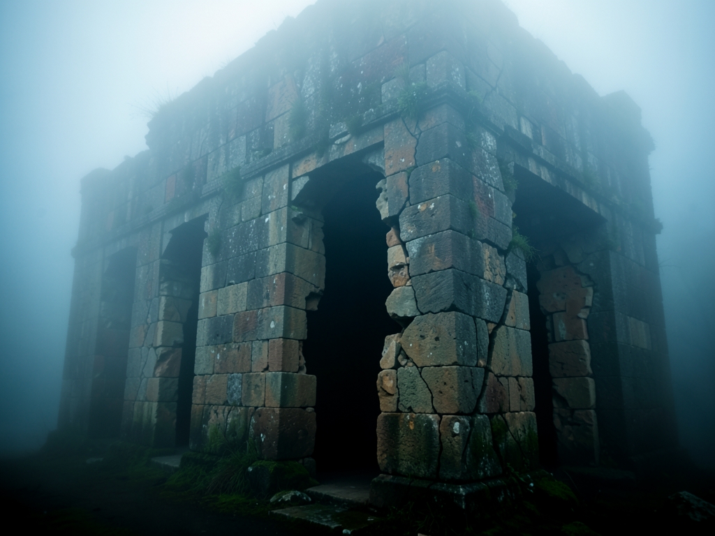 crumbling stone archive shrouded heavy with jagged fissures