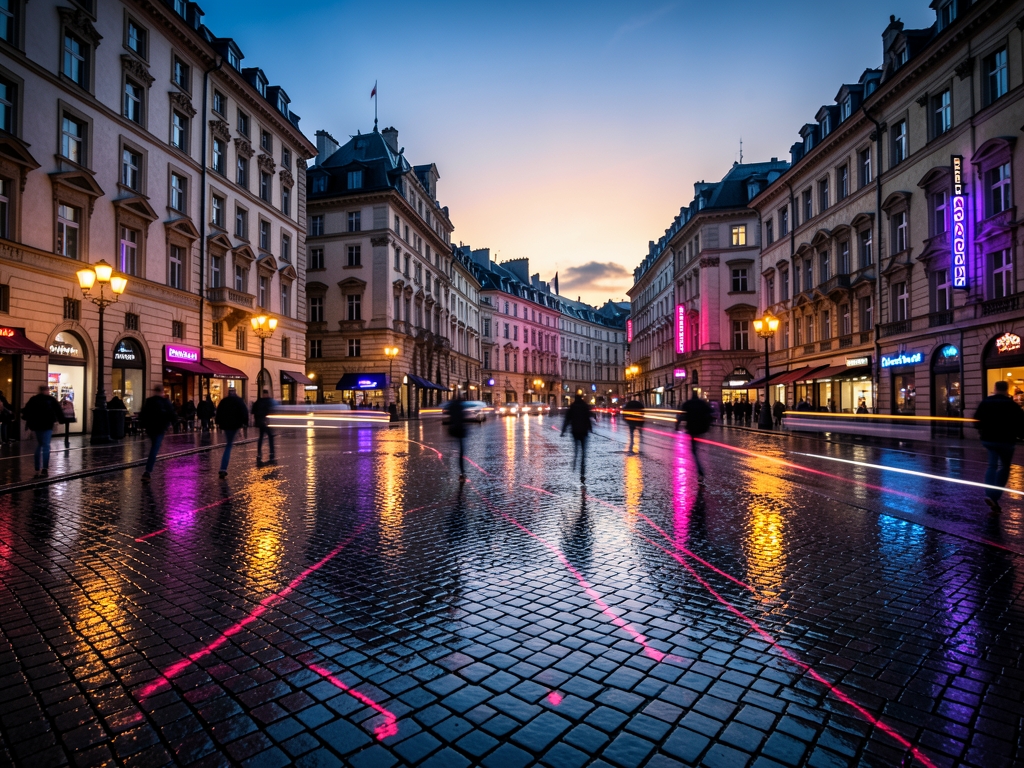 rain slicked cobblestone plaza historic European financial district twilight