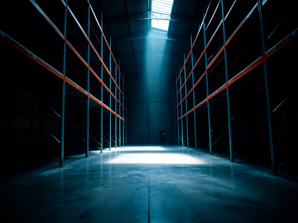 vast dimly warehouse interior with towering metal shelving