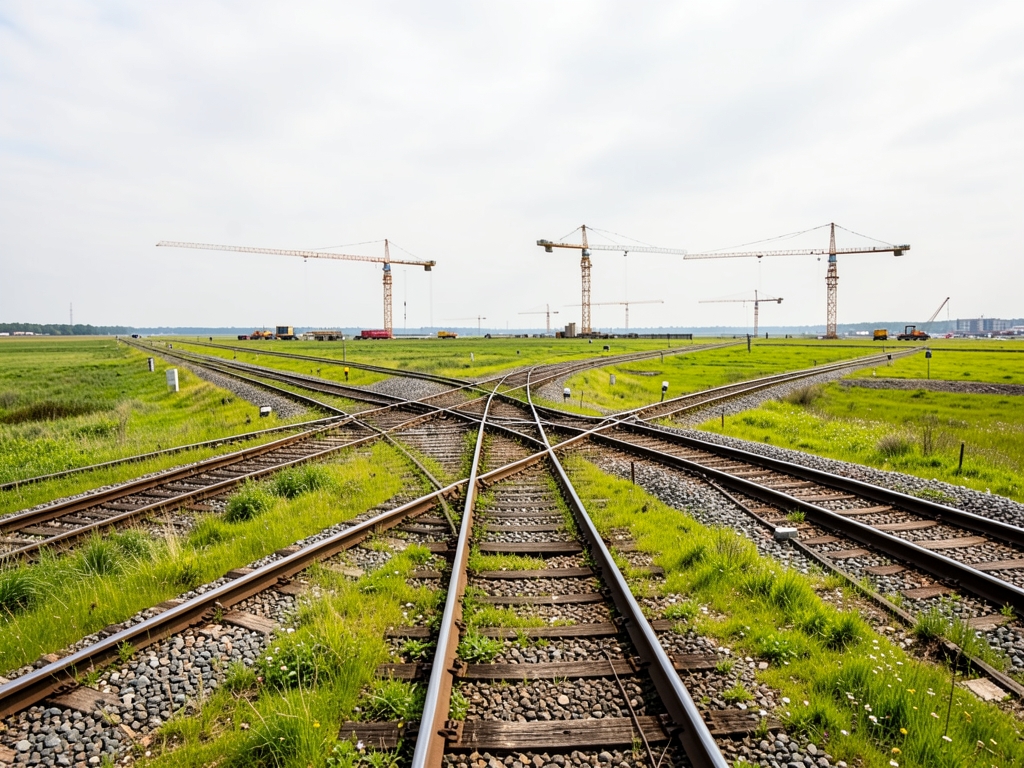 sunlit multi track rail junction flat northern European landscape