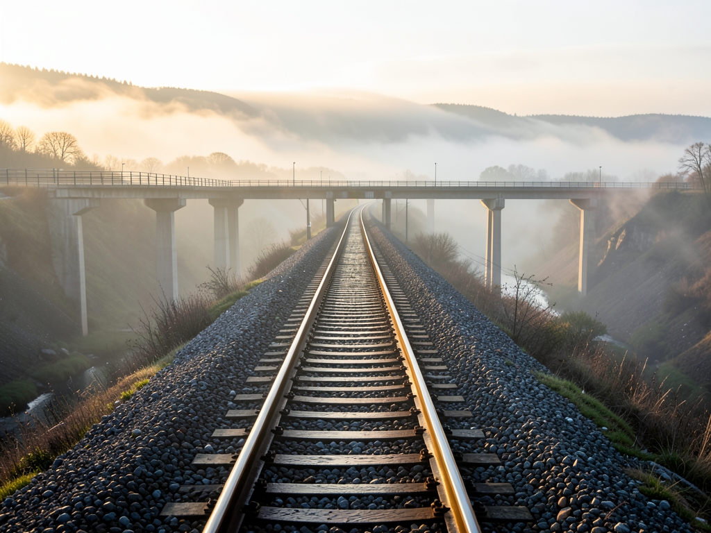 vast European rail corridor stretching across misty valley
