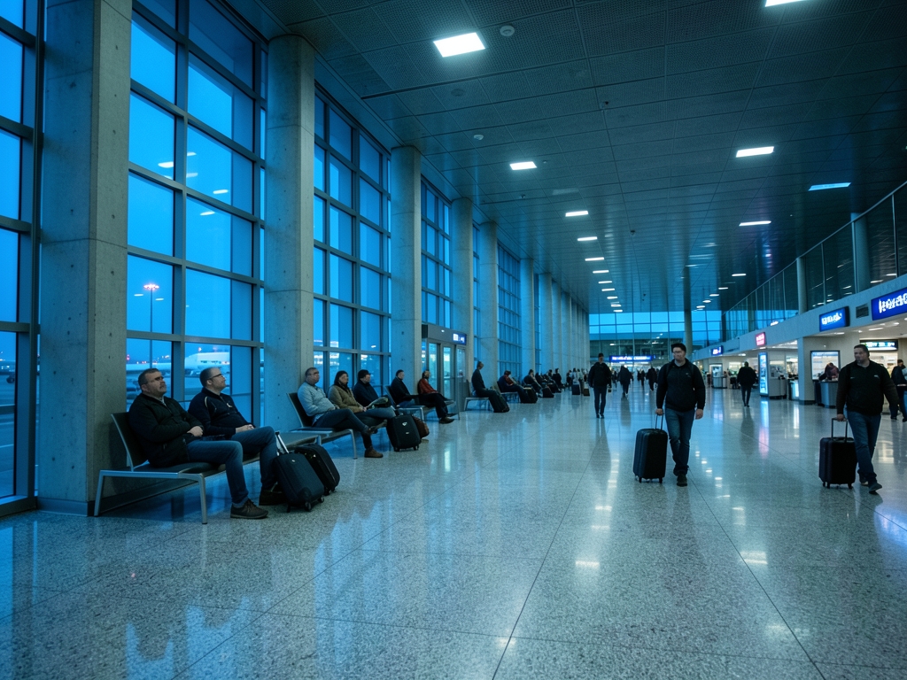 vast airport terminal dusk concrete glass architecture cold