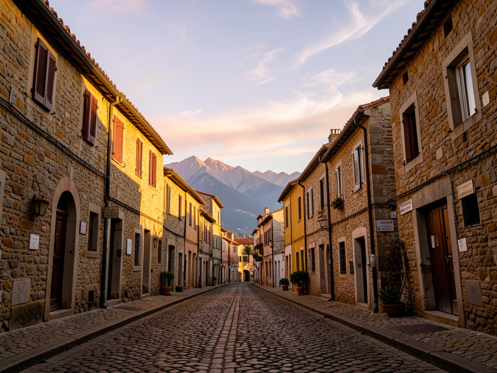 sunlit European cobblestone street leading toward distant mountains