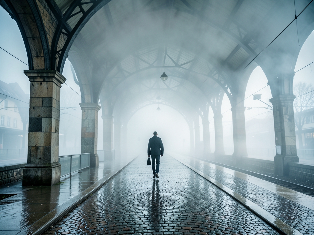 misty early morning platform Central European city station