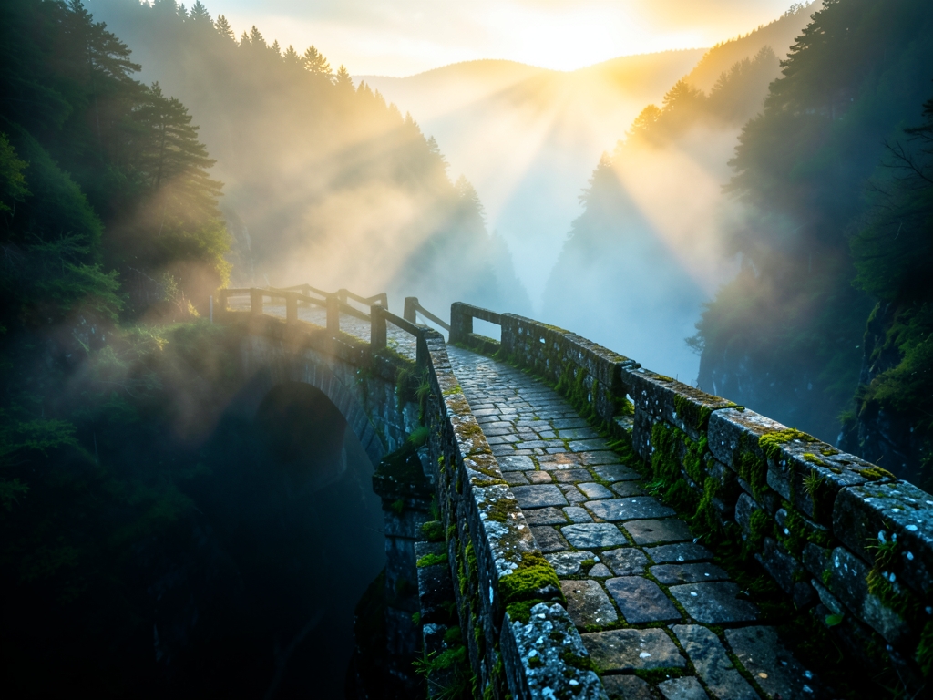 solitary stone bridge crossing misty ravine dawn with