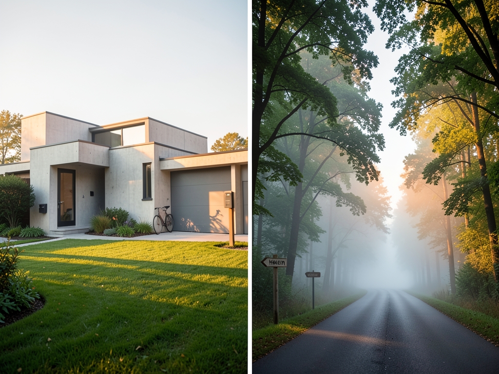 sunlit modern suburban home with clean concrete lines