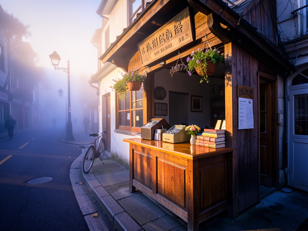 small wooden storefront dawn with soft golden light