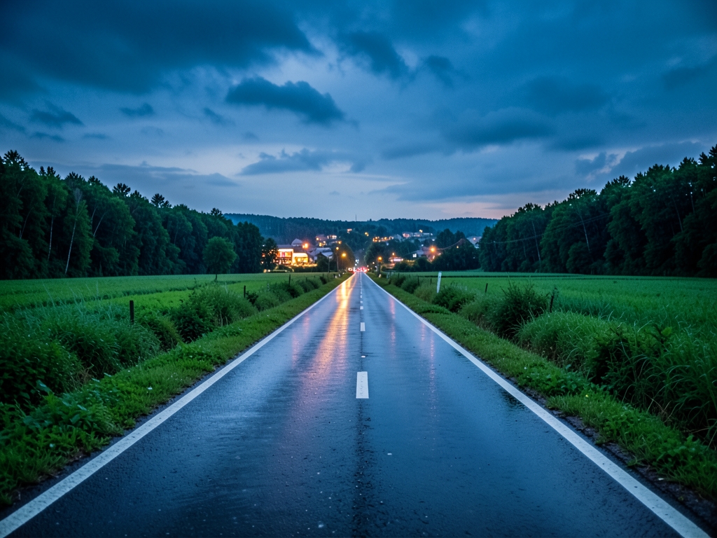 rain slicked rural highway stretching toward distant town twilight