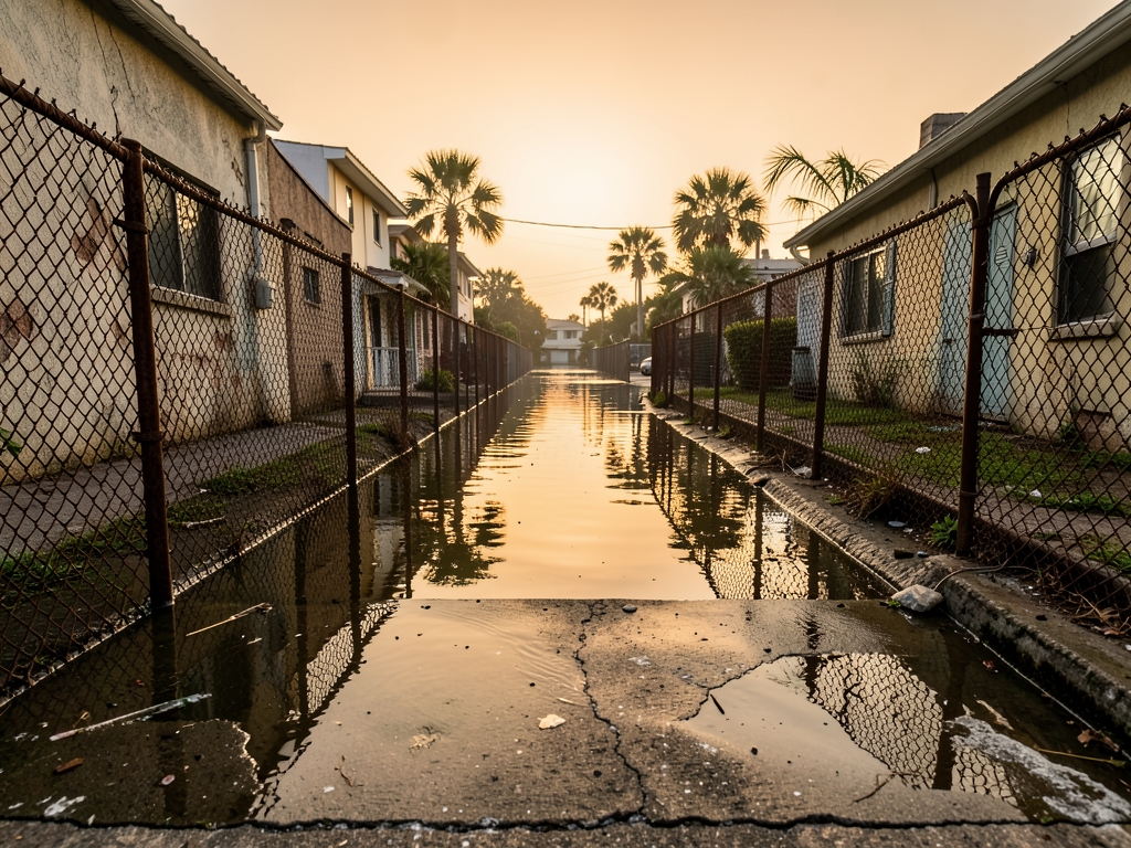flooded Miami Dade residential boulevard under hazy amber sky