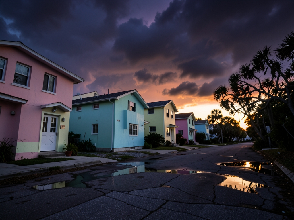 low angle view Miami coastal neighborhood dusk storm clouds