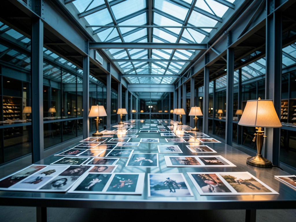 Modern photo archive hall with long tables scattered