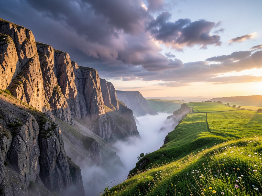 Forked mountain valley dawn with storm clouds over