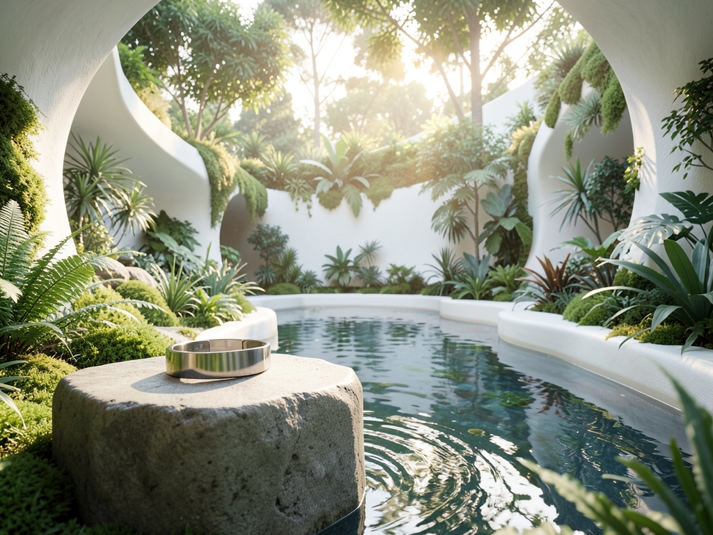 serene biophilic sanctuary with curved white architecture soft