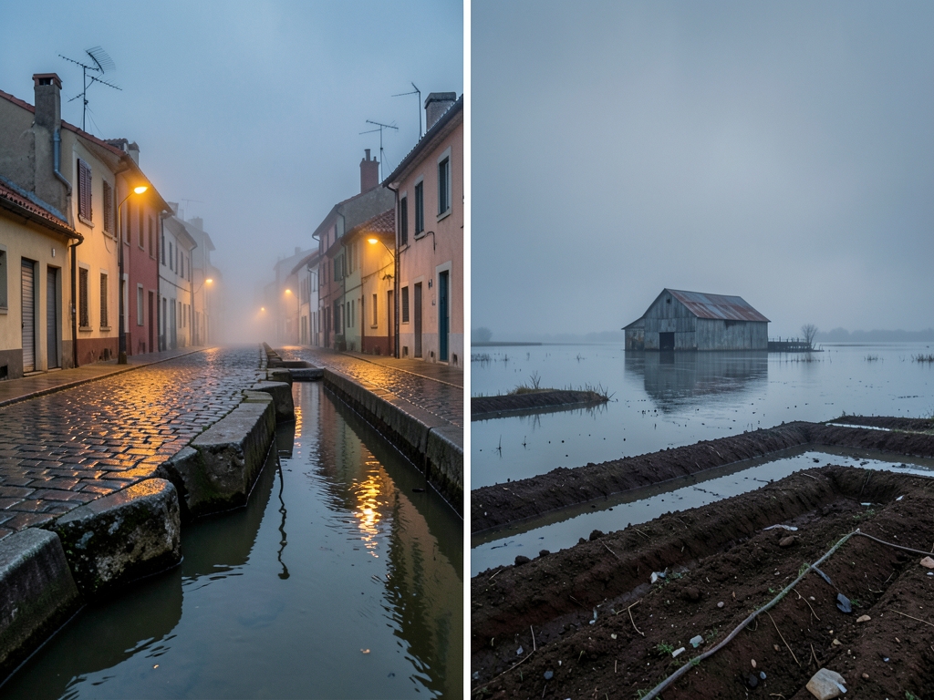 misty coastal village twilight with murky floodwater lapping