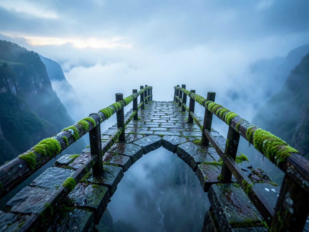 narrow stone footbridge suspended above fog filled ravine dawn