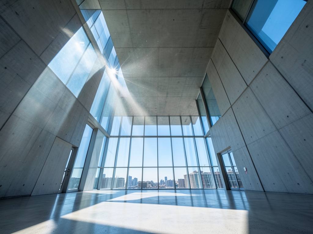 vast empty concrete atrium with floor to ceiling glass walls