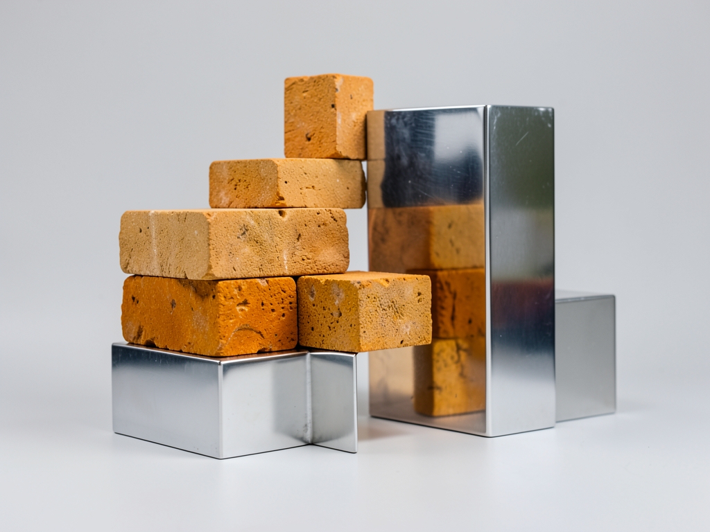 abstract architectural diorama balanced scales where geometric blocks