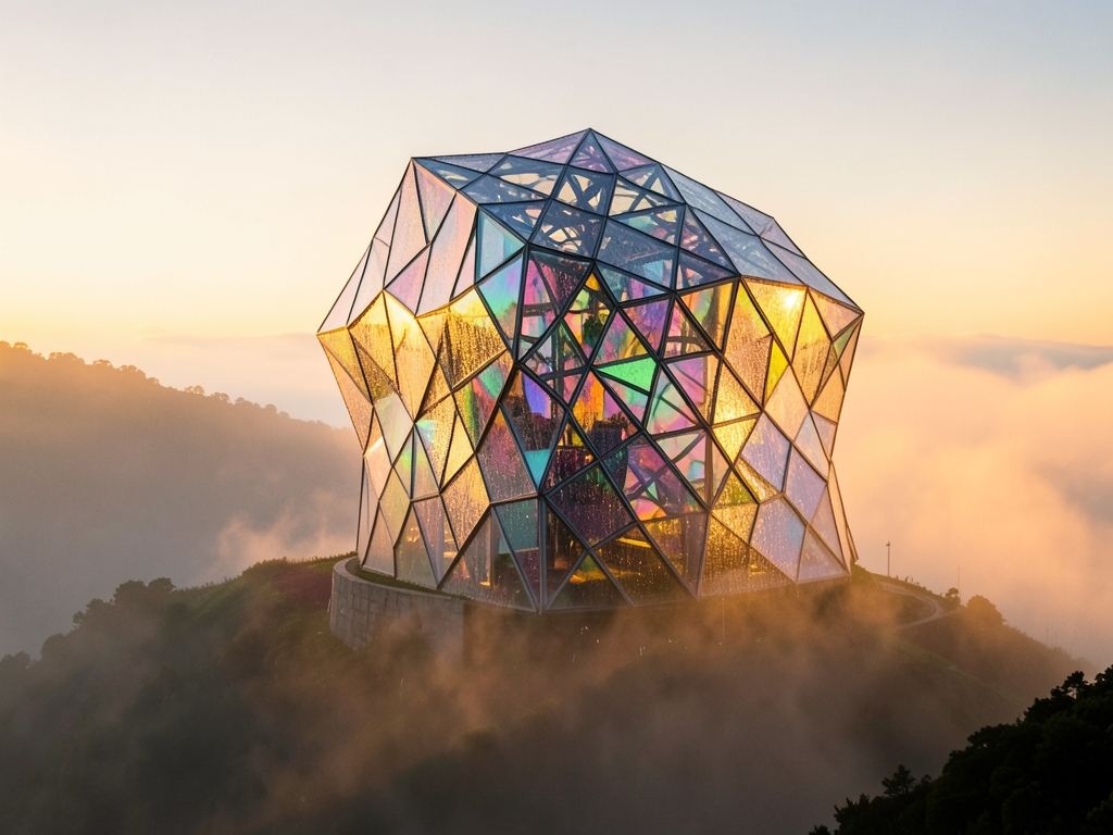 futuristic glass pavilion rising from misty hillside golden