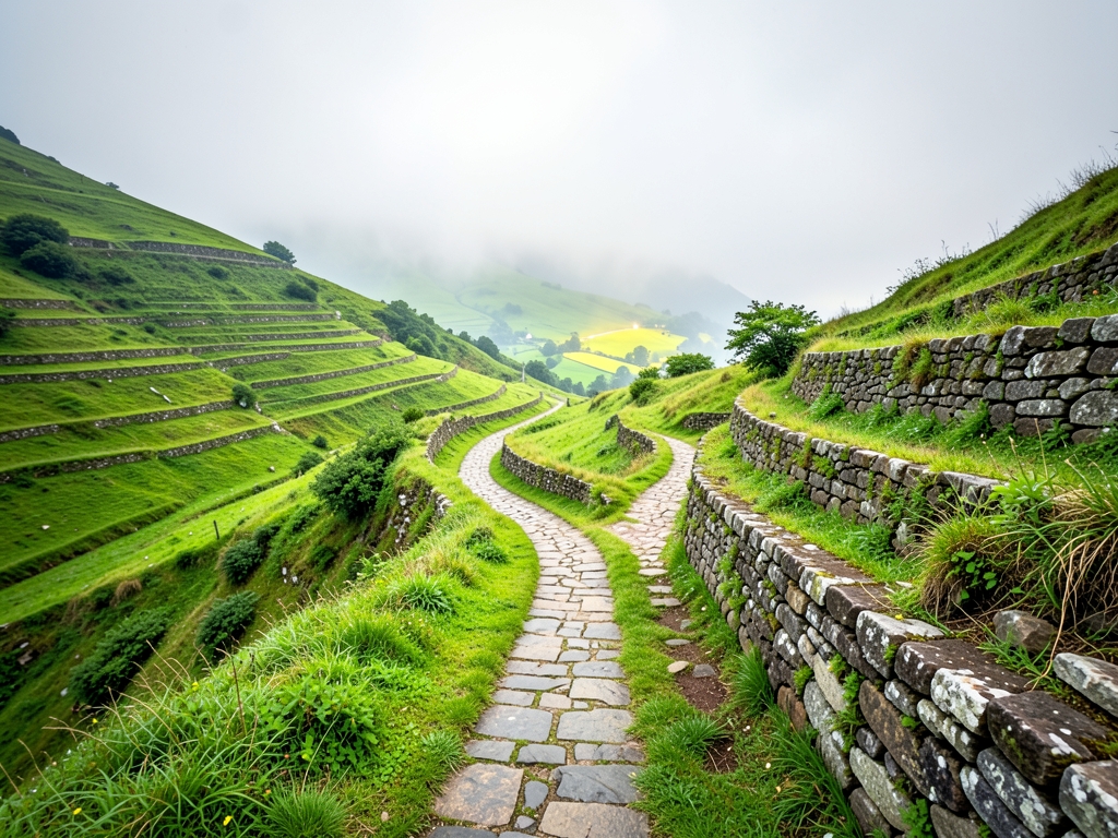 Terraced hillside path dividing then converging toward bright