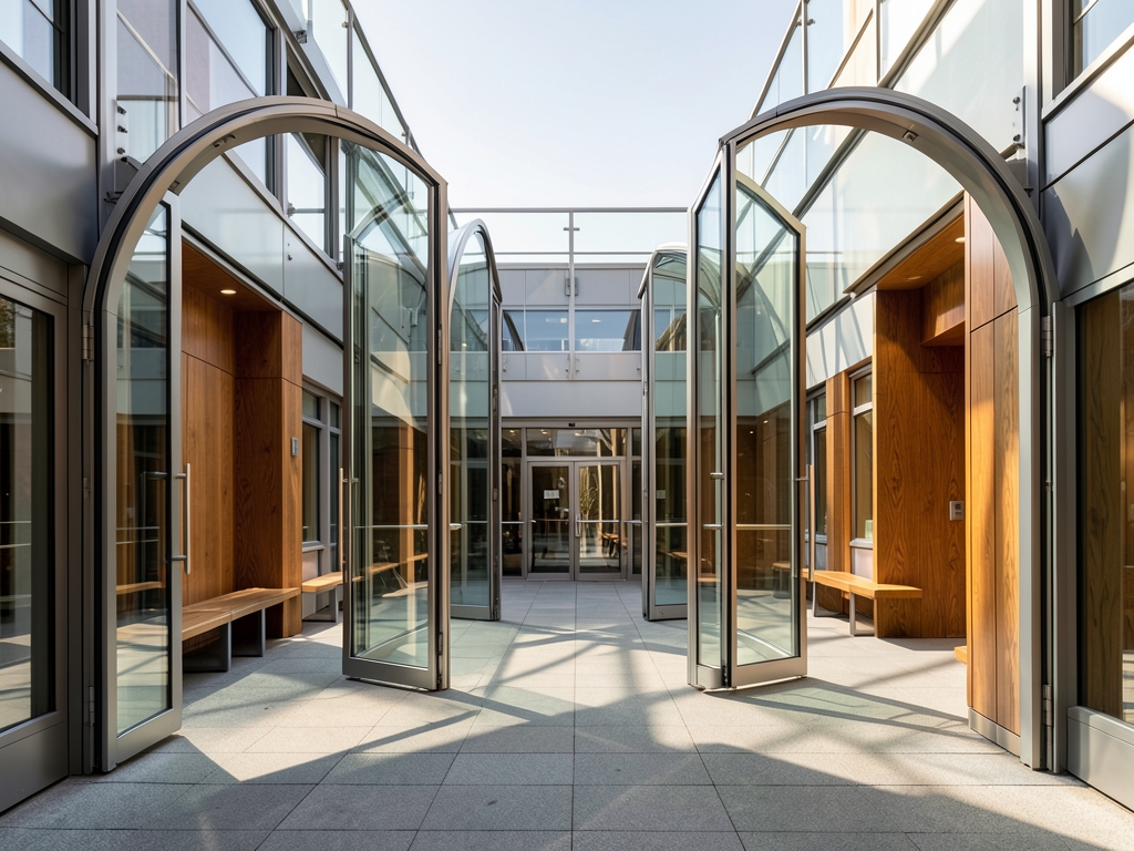 Modern corporate courtyard with dual glass archways opening