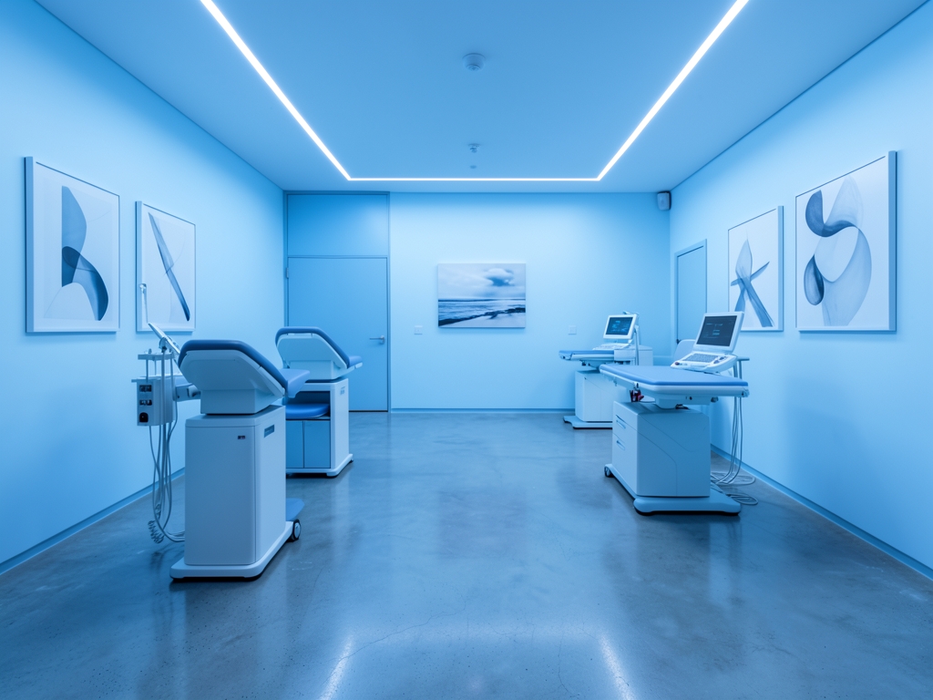 Sleek minimalist clinic interior with cool blue tones