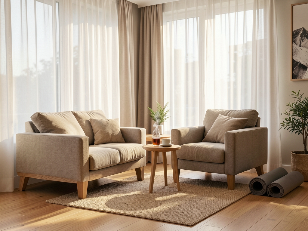 Sun drenched modern living room with warm wood textures