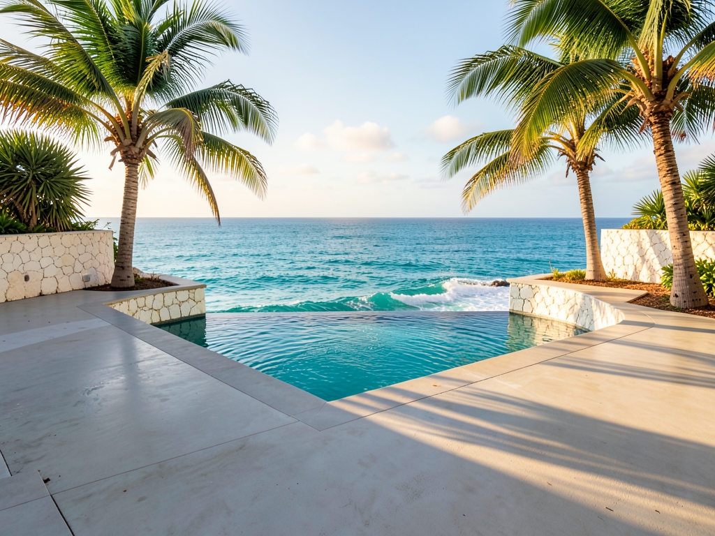 sunlit infinity pool merging with turquoise Pacific Ocean