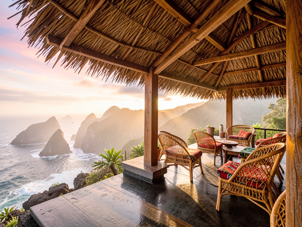 breezy open air resort pavilion with woven rattan furniture