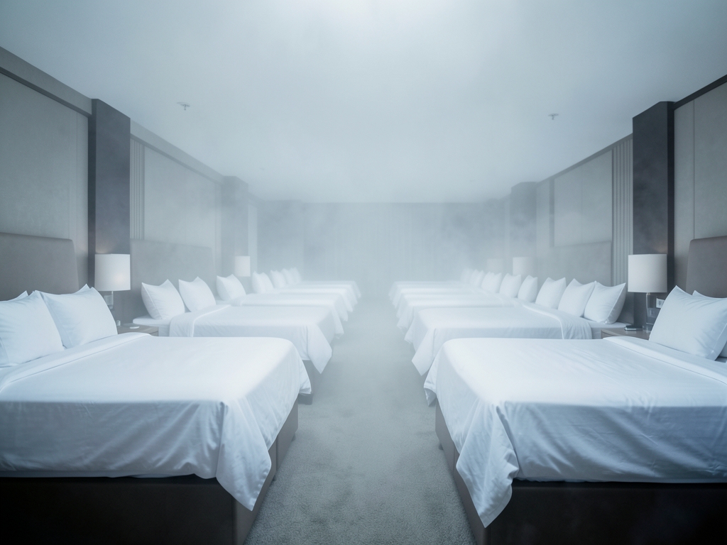 wide ward under overcast light with cleaning mist