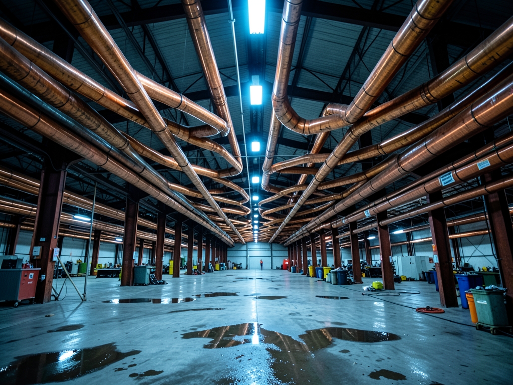 vast industrial warehouse interior with branching copper ductwork