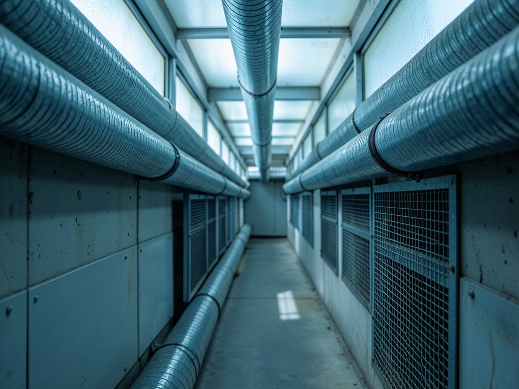 narrow service corridor lined with insulated ventilation pipes