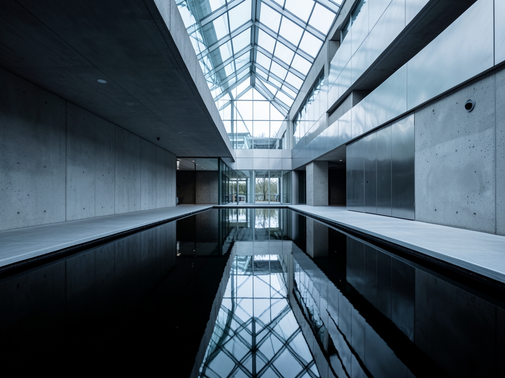 vast glass atrium with inverted architectural reflections pooling