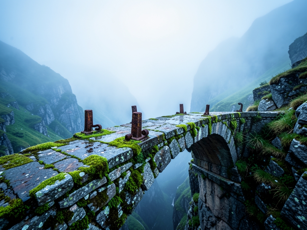 fog drenched mountain pass with ancient stone levers embedded