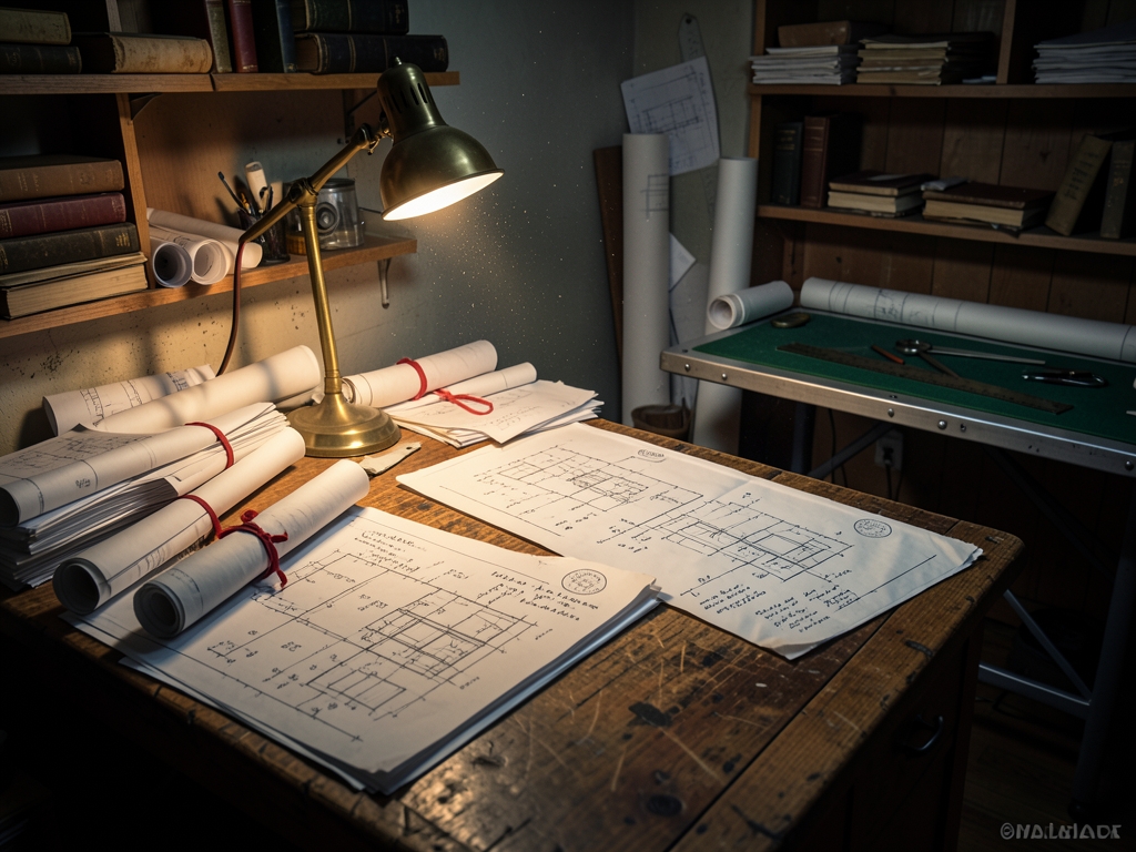 cramped drafting room under flickering warm light stacks
